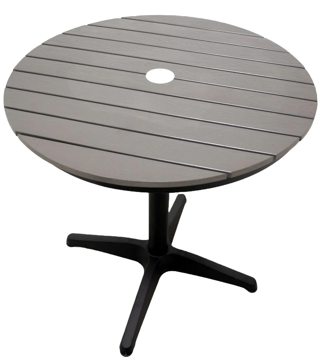Atlanta Booth & Chair ODT30R-GREY 30" Round Outdoor Table, 30"H, Aluminum Silver Frame, Faux Teak Grey Slats
