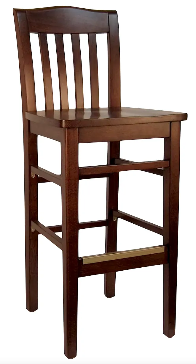 Atlanta Booth & Chair W104BS Wood Bar Stool, Bulldog Back, European Beech Wood Seat & Frame, Footrest, Upholstery to Specify
