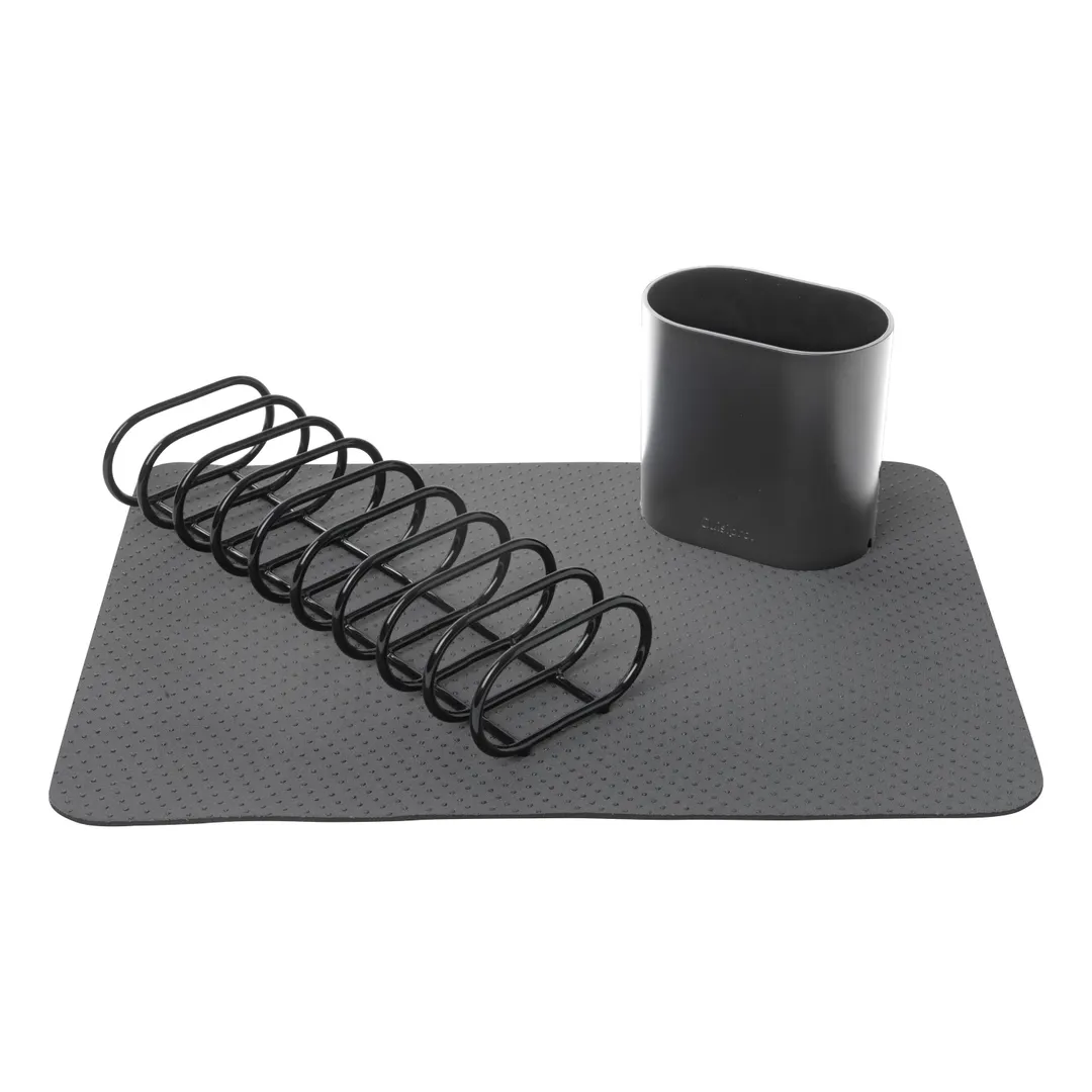 Browne USA 100902425 CUISIPRO Dish Rack Set, 13x6x3.5, Rubber-coated, Neoprene Drying Mat, Charcoal