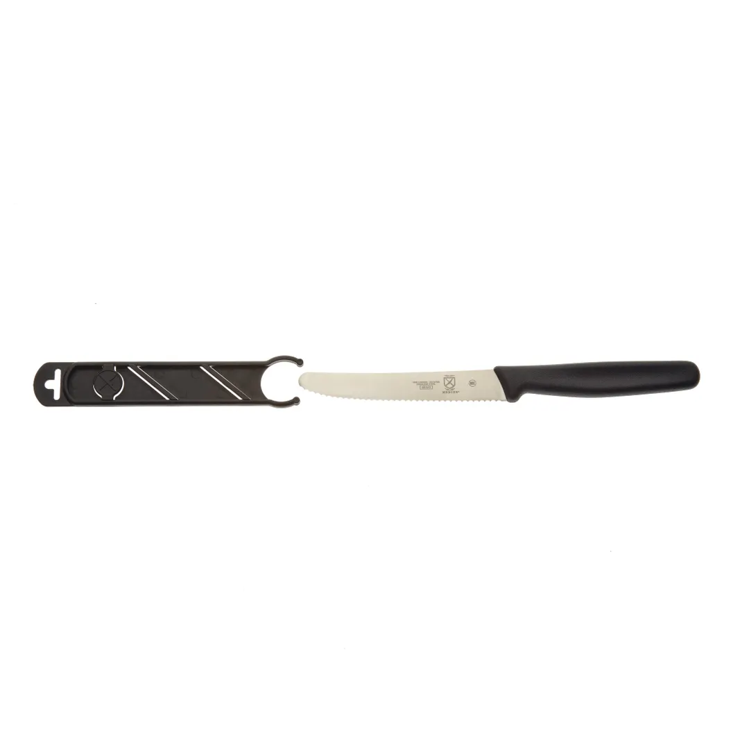 Mercer M33932B Bar Knife - 4-1/3" Wavy Edge RoundedTip Slide Guard Carbon Steel Blade PP Handle NSF