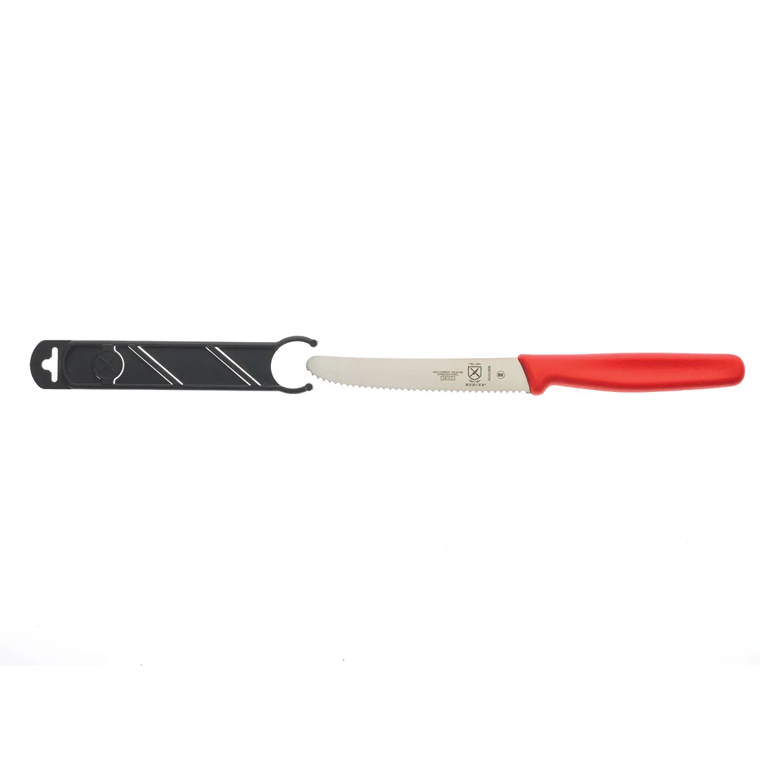 Mercer M33932RDB Bar Knife - 4-1/3" Serrated Edge, Steel Blade, Red Plastic Handle, NSF