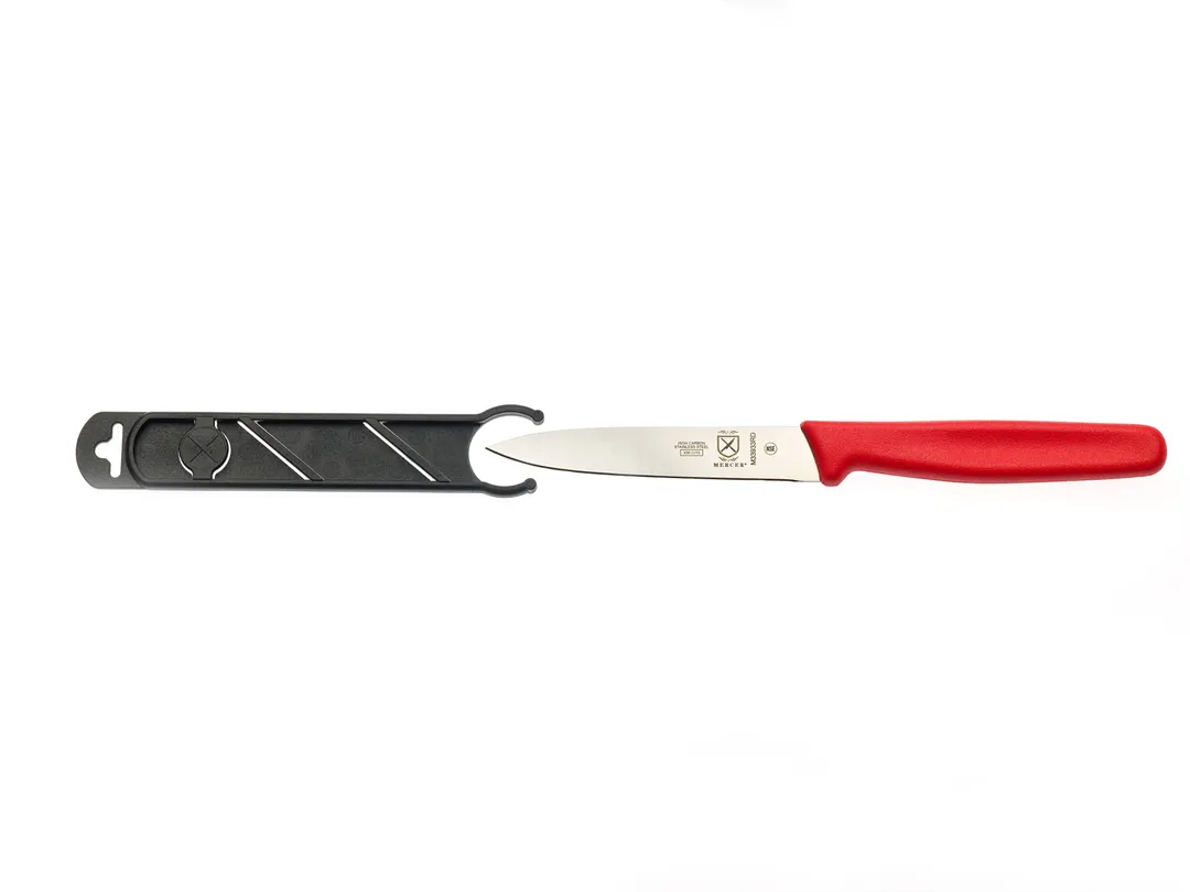 Mercer M33933RDB Bar Knife – 4" Stainless Steel Blade, Red Polypropylene Handle, Slide‑On Guard