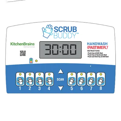 Kitchen Brains SCRUB_BUDDY Hand Washing Timer, 8 Employee Buttons, Programmable Alerts, 20-Second Timer, Magnetic Mount, Polyester Face, Commercial Plastic Housing