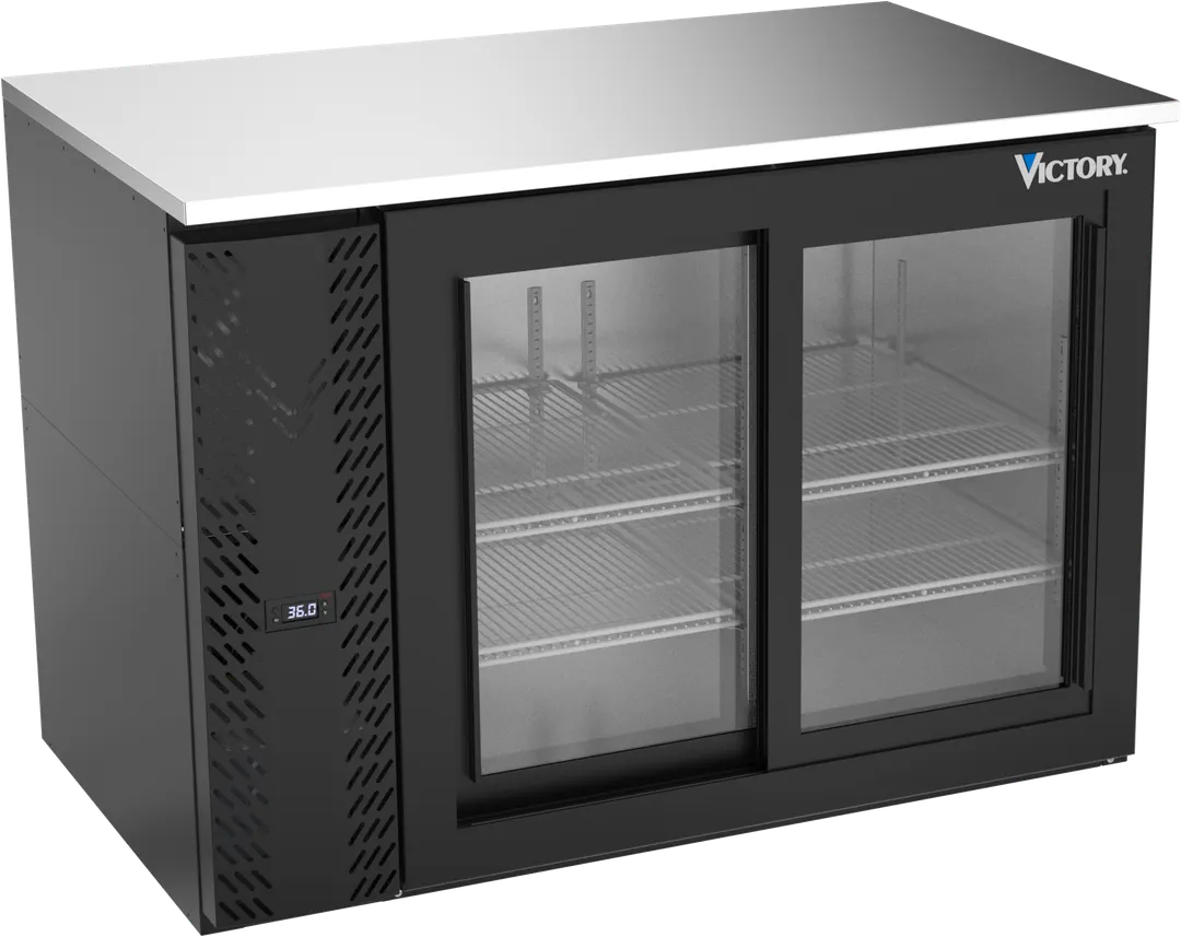 Victory VBB48HC-F-GS-B 48" Back Bar Refrigerator, 15.139 cu. ft., 2 Sliding Glass Doors, Black Exterior, Stainless Steel Interior