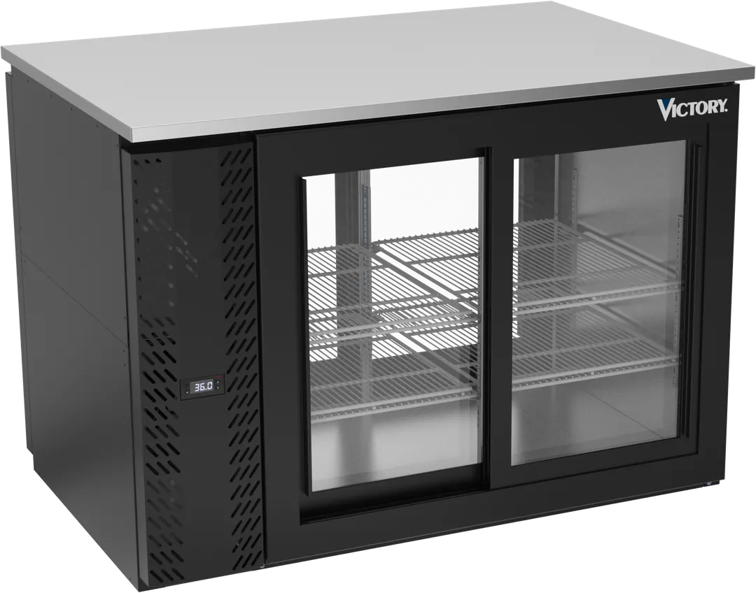 Victory VBB48HC-F-GS-PT-B 48" Pass-Thru Back Bar Refrigerator, 15.139 cu. ft., 4 Sliding Glass Doors, Black Exterior, Stainless Steel Interior