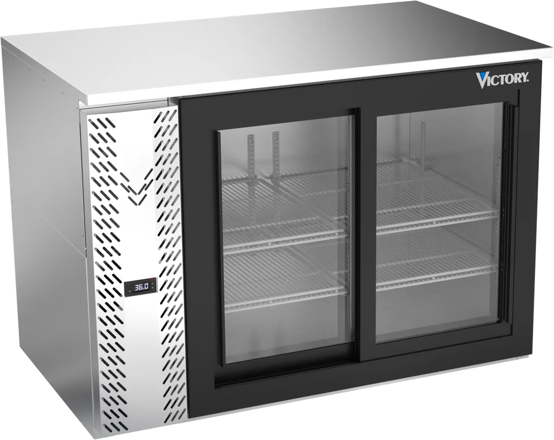 Victory VBB48HC-F-GS-S 48" Stainless Steel Back Bar Refrigerator, 15.139 cu. ft., 2 Sliding Glass Doors, LED Lighting