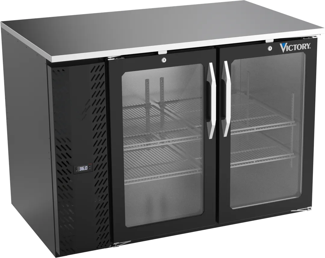 Victory VBB48HC-FG-B 48" Back Bar Refrigerator, 15.139 cu. ft., 2 Glass Doors, Black Exterior, Stainless Steel Interior, 115V