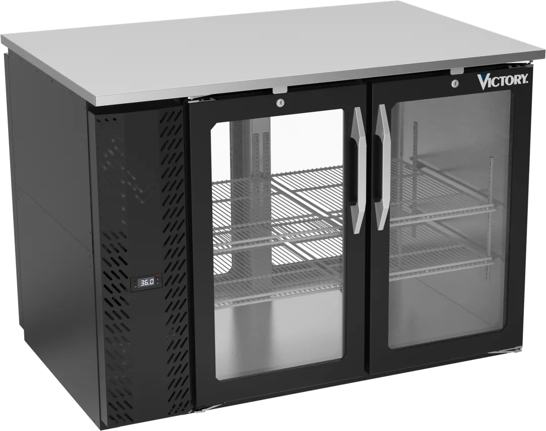 Victory VBB48HC-FG-PT-B Cooler 48"W×34"H 15.1 cu ft Black Exterior Top 4 Doors Stay‑Open R290