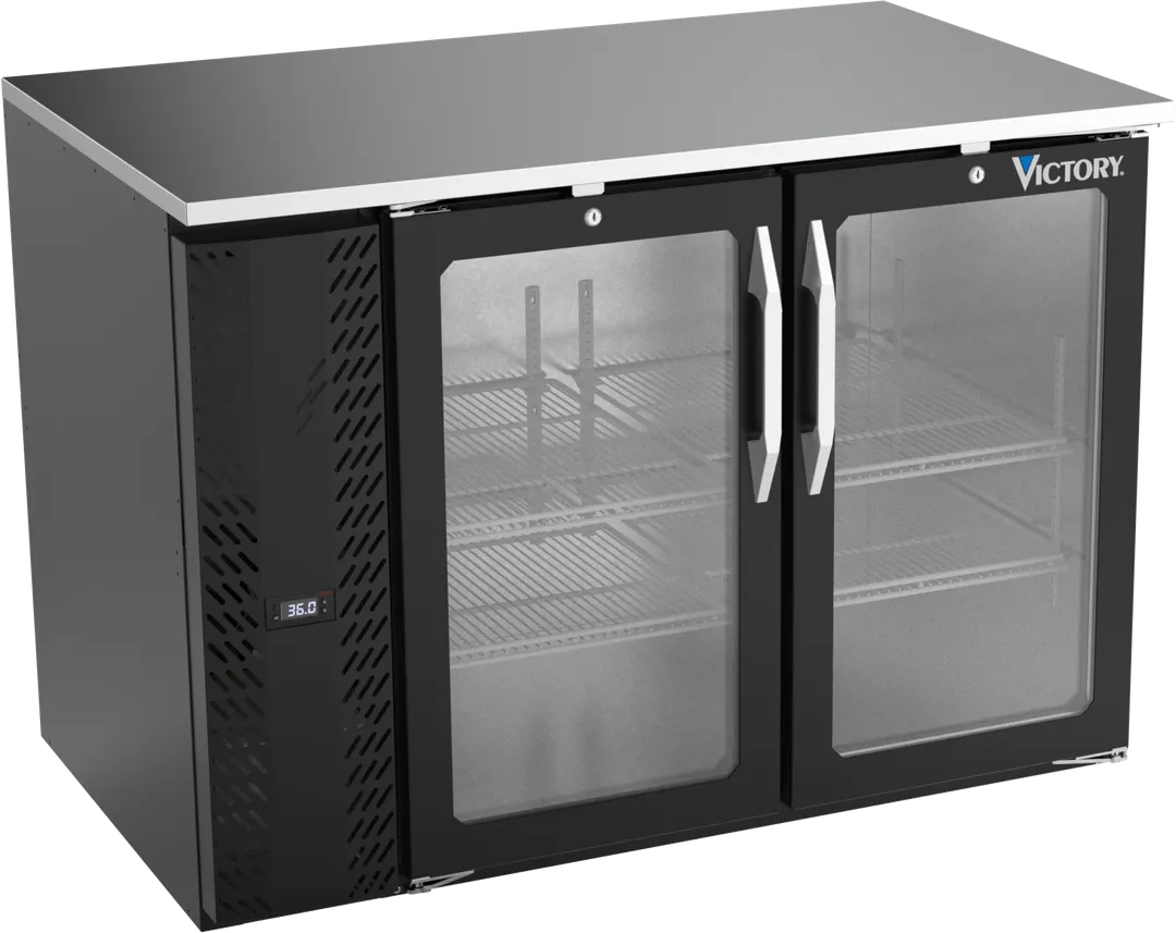 Victory VBB48HC-G-B 48" Back Bar Refrigerator, 15.139 cu. ft., 2 Glass Doors, Black Exterior, Stainless Steel Top & Interior