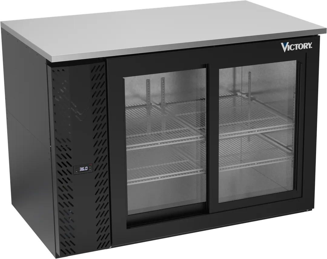 Victory VBB48HC-GS-B 48" Back Bar Refrigerator, 15.139 cu. ft., 2 Sliding Glass Doors, Black Exterior, Stainless Steel Interior