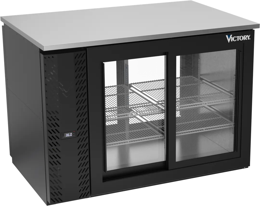 Victory VBB48HC-GS-PT-B 48" Pass-Thru Back Bar Refrigerator, 15.139 cu. ft., Black Exterior, Stainless Steel Interior, Sliding Glass Doors