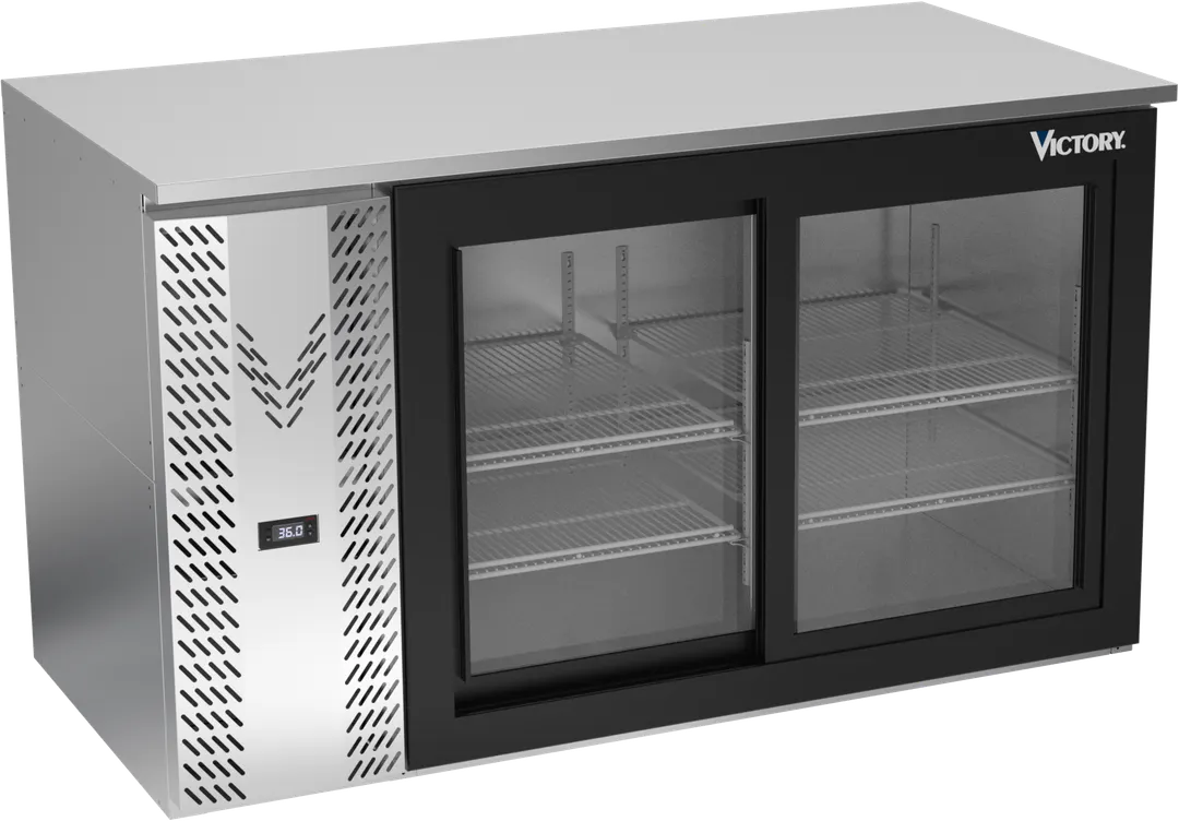 Victory VBB58HC-F-GS-S 58" Stainless Steel Back Bar Refrigerator, 17.8 cu. ft., 2 Sliding Glass Doors, 115V