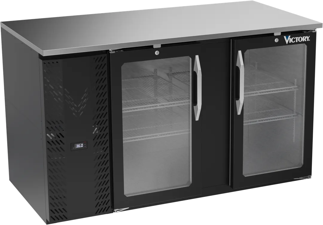 Victory VBB58HC-FG-B 58" Back Bar Refrigerator, 2 Glass Doors, 17.8 cu. ft., Black Exterior, Stainless Steel Interior, 115V