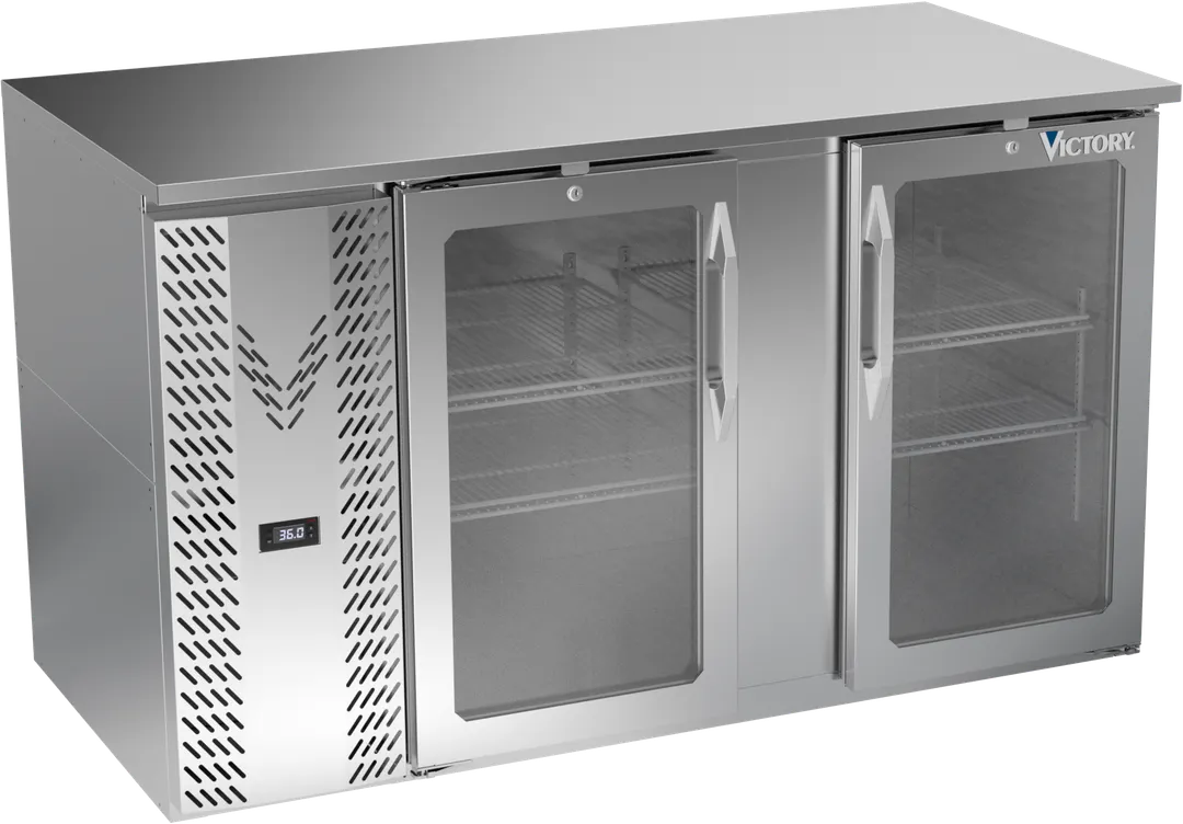 Victory VBB58HC-FG-S 58" Stainless Steel Back Bar Refrigerator, 17.8 cu. ft., 2 Glass Doors, LED Lighting