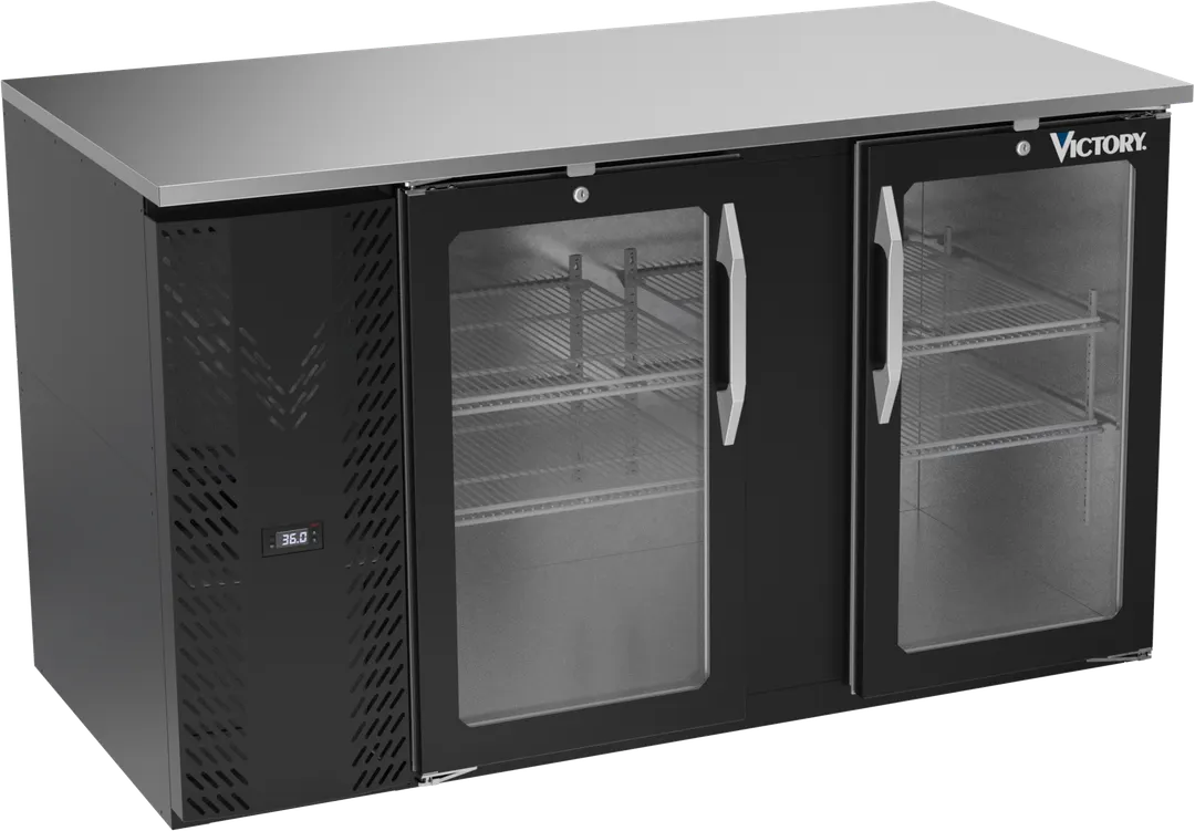 Victory VBB58HC-G-B 58" Back Bar Refrigerator, 2 Glass Doors, 17.8 cu. ft., Black Exterior, Stainless Steel Top, 115V