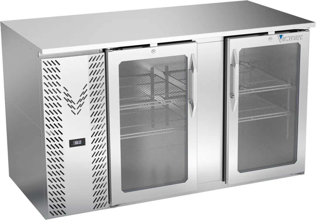 Victory VBB58HC-G-S 58" Stainless Steel Back Bar Refrigerator, 17.8 cu. ft., 2 Glass Doors, LED Lighting
