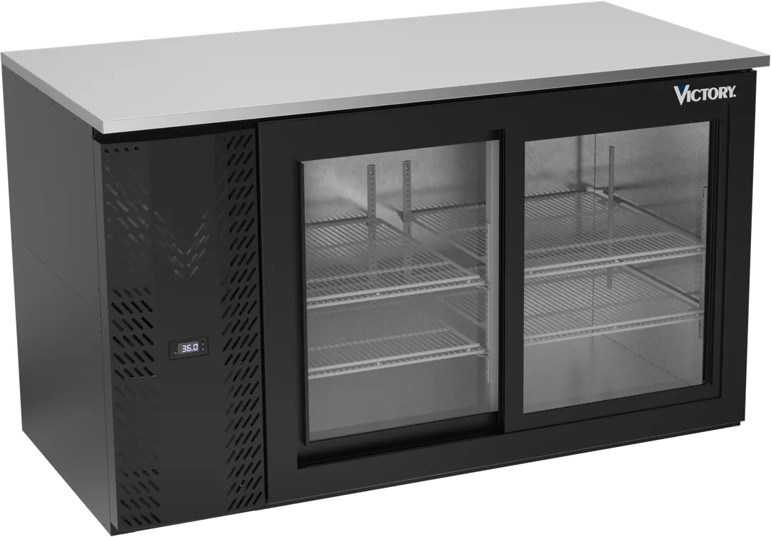 Victory VBB58HC-GS-B 58" Back Bar Refrigerator, 17.8 cu. ft., 2 Sliding Glass Doors, Black Exterior, Stainless Steel Interior