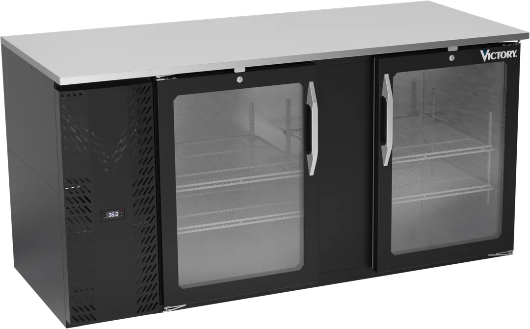 Victory VBB68HC-FG-B 68" Back Bar Refrigerator, 21.984 cu. ft., Black Exterior, Stainless Steel Interior, 2 Glass Doors