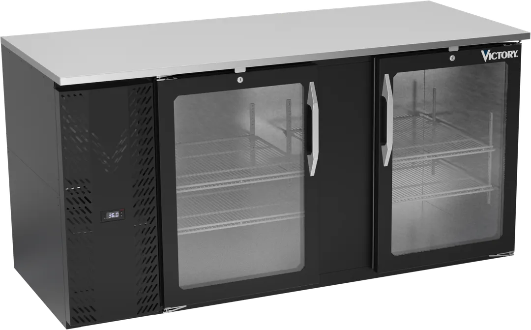 Victory VBB68HC-G-B 68" Back Bar Refrigerator, 2-Door Glass, 21.984 cu. ft., Black Exterior, Stainless Steel Interior, 115V
