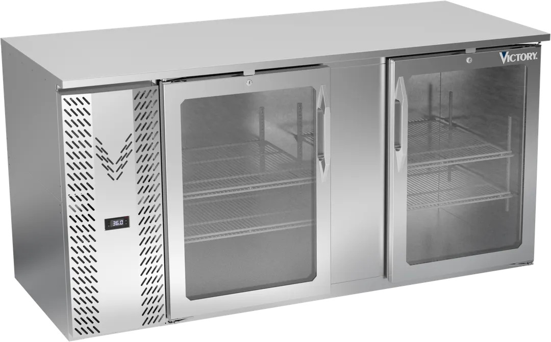 Victory VBB68HC-G-S 68" Stainless Steel Back Bar Refrigerator, 21.984 cu. ft., 2 Glass Doors, LED Lighting