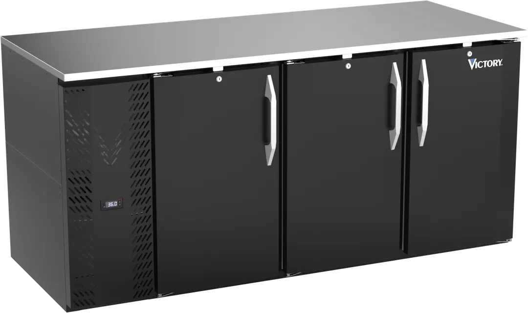 Victory VBB72HC-B 72" Back Bar Refrigerator, 3 Solid Doors, 23.6 cu. ft., Black Exterior, Stainless Steel Top