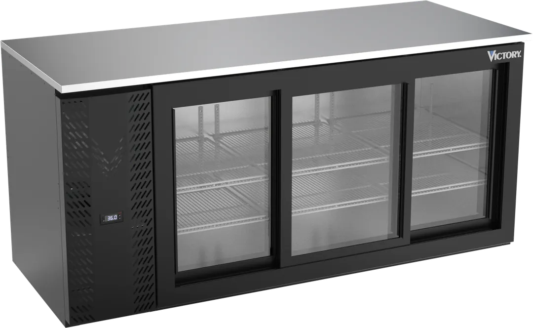 Victory VBB72HC-F-GS-B 72" Back Bar Refrigerator, 3 Sliding Glass Doors, 23.6 cu. ft., Black, Stainless Steel Top