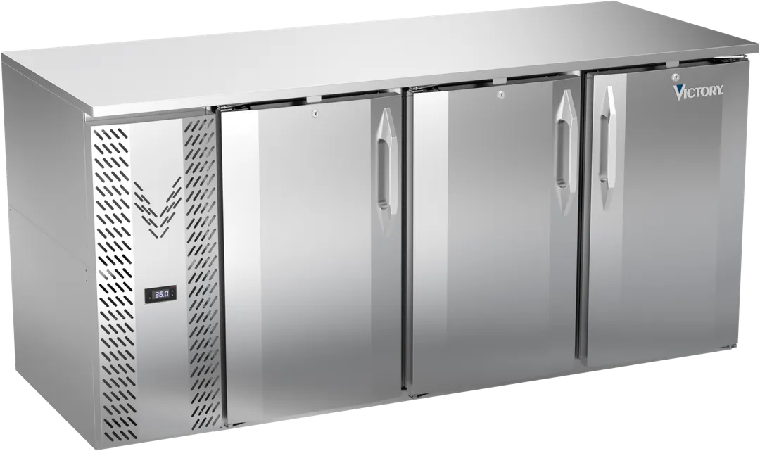 Victory VBB72HC-F-S 72" Stainless Steel Back Bar Refrigerator, 23.643 cu. ft., 3 Doors, LED Lighting