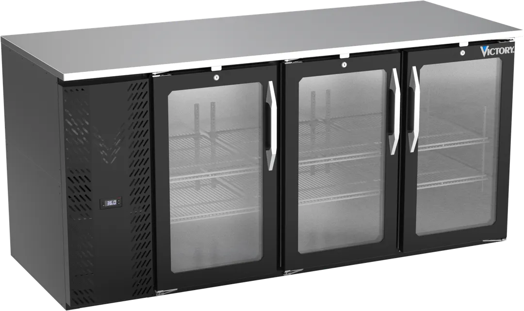 Victory VBB72HC-FG-B 72" Back Bar Refrigerator, 3 Glass Doors, 23.6 cu. ft., Black Exterior, Stainless Steel Interior
