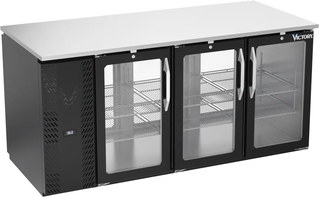 Victory VBB72HC-FG-PT-B Bar Cooler, 72"W x 34"H, 23.6 cu ft, Black, Stainless top, 6 doors, LED