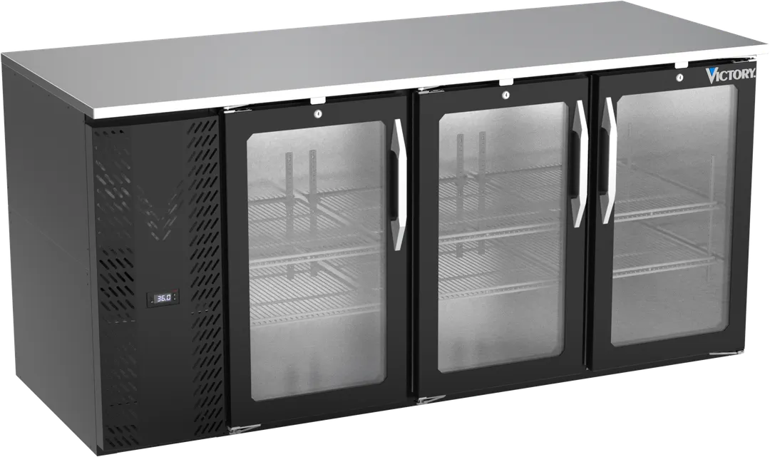 Victory VBB72HC-G-B 72" Back Bar Refrigerator, 3 Glass Doors, 23.6 cu. ft., Stainless Steel, 115V