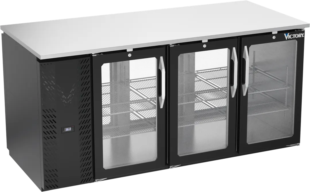 Victory VBB72HC-G-PT-B Pass‑Thru Cooler, 72" W X 34" H, 23.6 Cu Ft, Black, 6 Doors, LED, R290