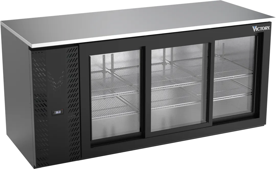 Victory VBB72HC-GS-B 72" Back Bar Refrigerator, 3 Sliding Glass Doors, 23.6 cu. ft., Black Exterior, Stainless Steel Interior
