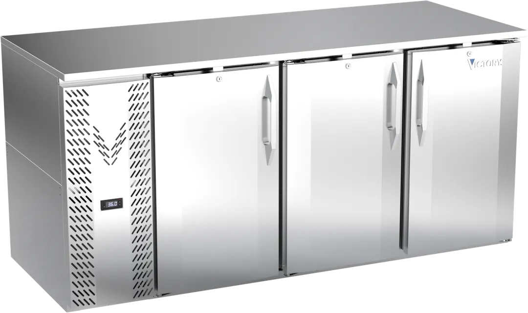 Victory VBB72HC-S 72" Stainless Steel Back Bar Refrigerator, 23.643 cu. ft., 3 Doors, LED Lighting