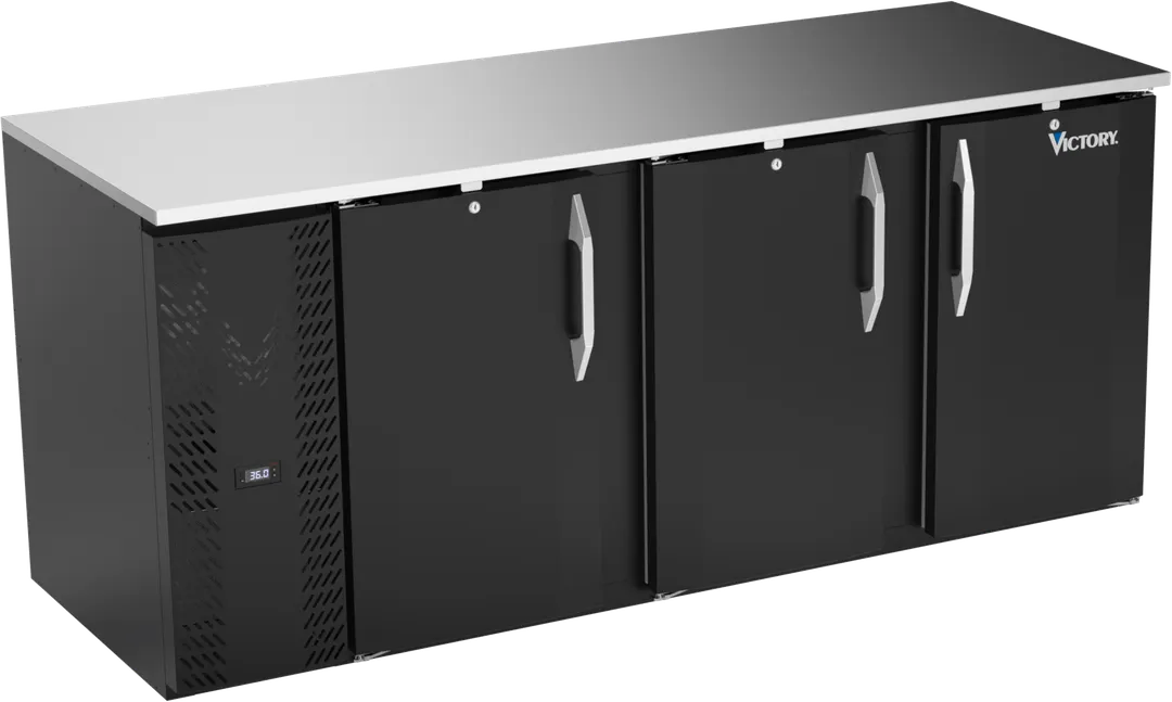 Victory VBB78HC-B 78" Back Bar Refrigerator, 3-Section, 26.1 cu. ft., Black Exterior, Stainless Steel Top