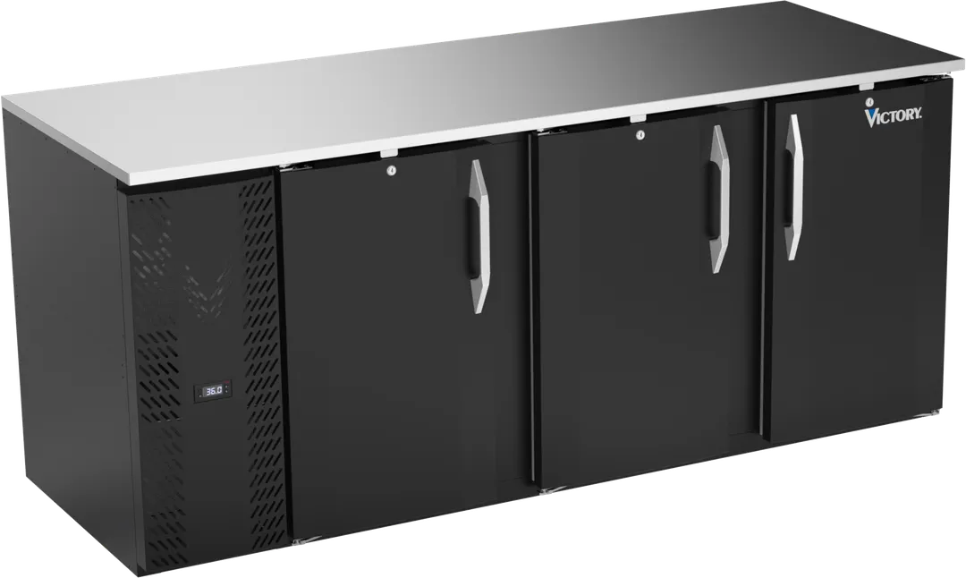 Victory VBB78HC-F-B 78" Back Bar Refrigerator, 3-Section, 26.1 cu. ft., Black Exterior, Stainless Steel Top & Interior