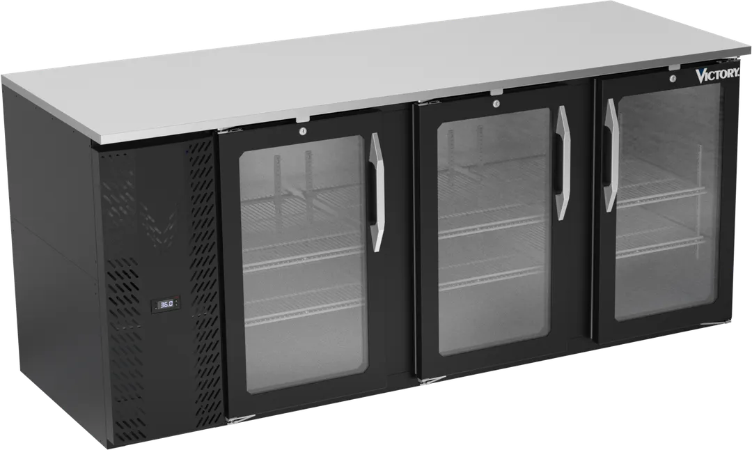 Victory VBB78HC-FG-B 78" Back Bar Refrigerator, 3 Glass Doors, 26.1 cu. ft., Black Exterior, Stainless Steel Interior