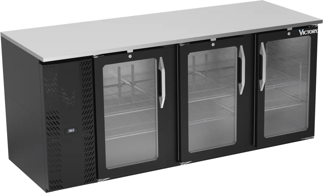 Victory VBB78HC-G-B 78" Back Bar Refrigerator, 3 Glass Doors, 26.1 cu. ft., Black Exterior, Stainless Steel Interior