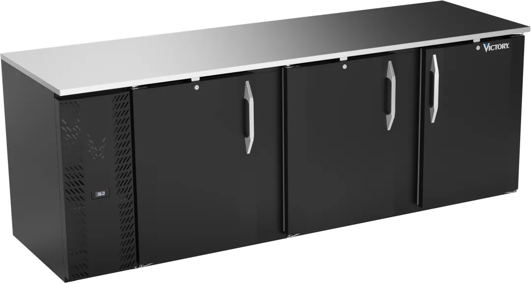 Victory VBB94HC-B 94" Back Bar Refrigerator, 3-Section, 32.768 cu. ft., Black Exterior, Stainless Steel Top