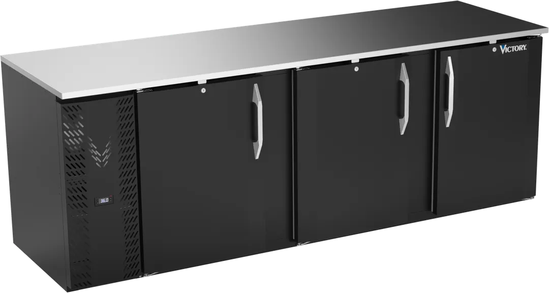 Victory VBB94HC-F-B 94" Back Bar Refrigerator, 3-Section, 32.768 cu. ft., Black Exterior, Stainless Steel Top, 3 Solid Self-Closing Doors