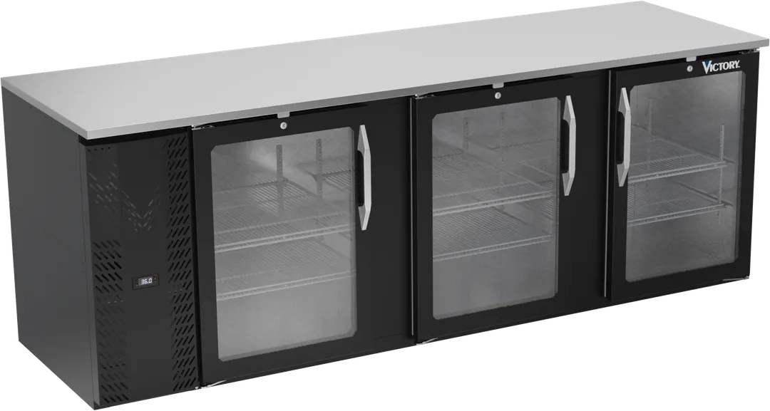 Victory VBB94HC-FG-B 94" Back Bar Refrigerator, 3-Section, 32.768 cu. ft., Black Exterior, Stainless Steel Interior, 3 Glass Doors