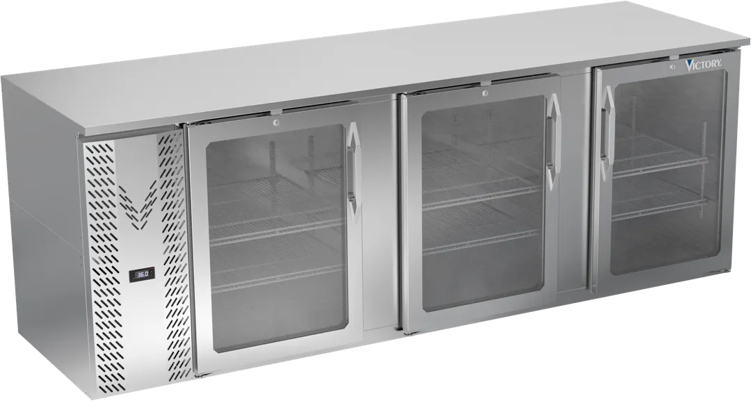 Victory VBB94HC-FG-S 94" Three-Section Back Bar Refrigerator, 32.768 cu. ft., Stainless Steel, 3 Glass Doors