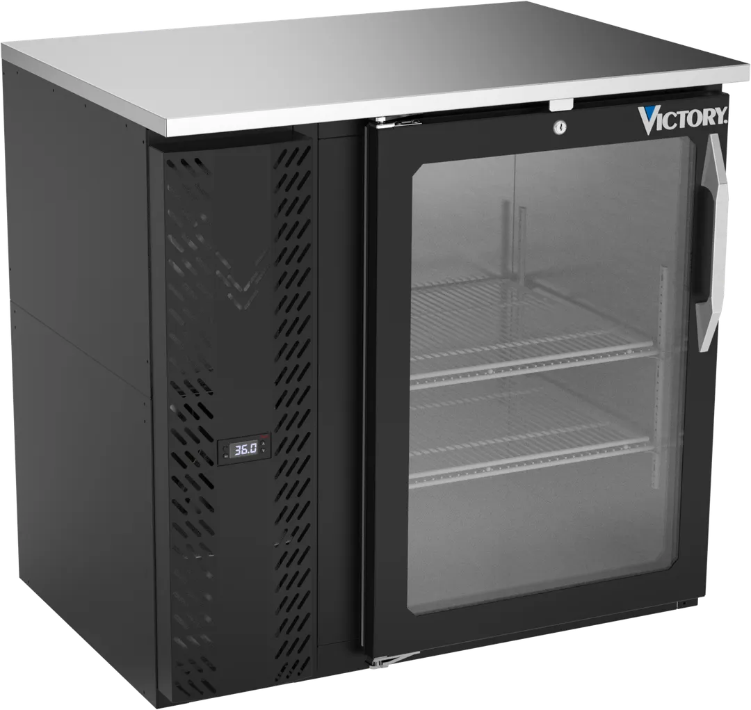 Victory VBBN36HC-FG-B 36" Back Bar Refrigerator, 8.43 cu. ft., Black Exterior, Stainless Steel Top, Glass Door