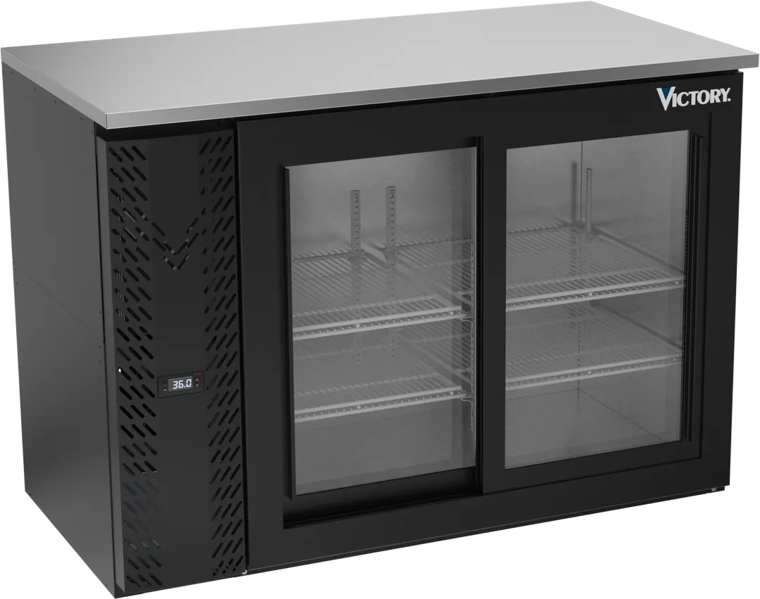 Victory VBBN48HC-F-GS-B 48" Back Bar Refrigerator, 2 Sliding Glass Doors, 12.56 cu. ft., Black Exterior, Stainless Steel Interior