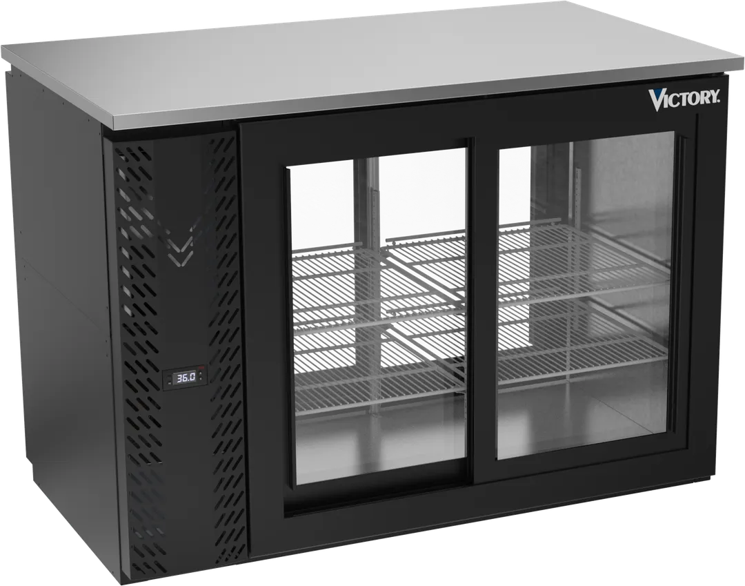 Victory VBBN48HC-GS-PT-B 48" Pass-Thru Back Bar Refrigerator, 12.56 cu. ft., Black Exterior, Stainless Steel Interior, Sliding Glass Doors