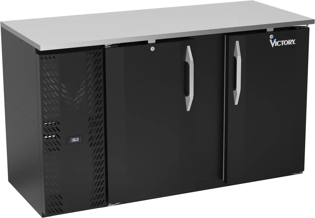 Victory VBBN58HC-F-B 58" Back Bar Refrigerator, 14.8 cu. ft., 2 Solid Doors, Black Exterior, Stainless Steel Interior, 115V