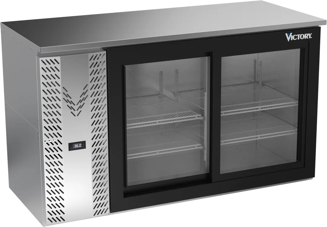 Victory VBBN58HC-F-GS-S 58" Stainless Steel Back Bar Refrigerator, 14.8 cu. ft., 2 Sliding Glass Doors, 115V