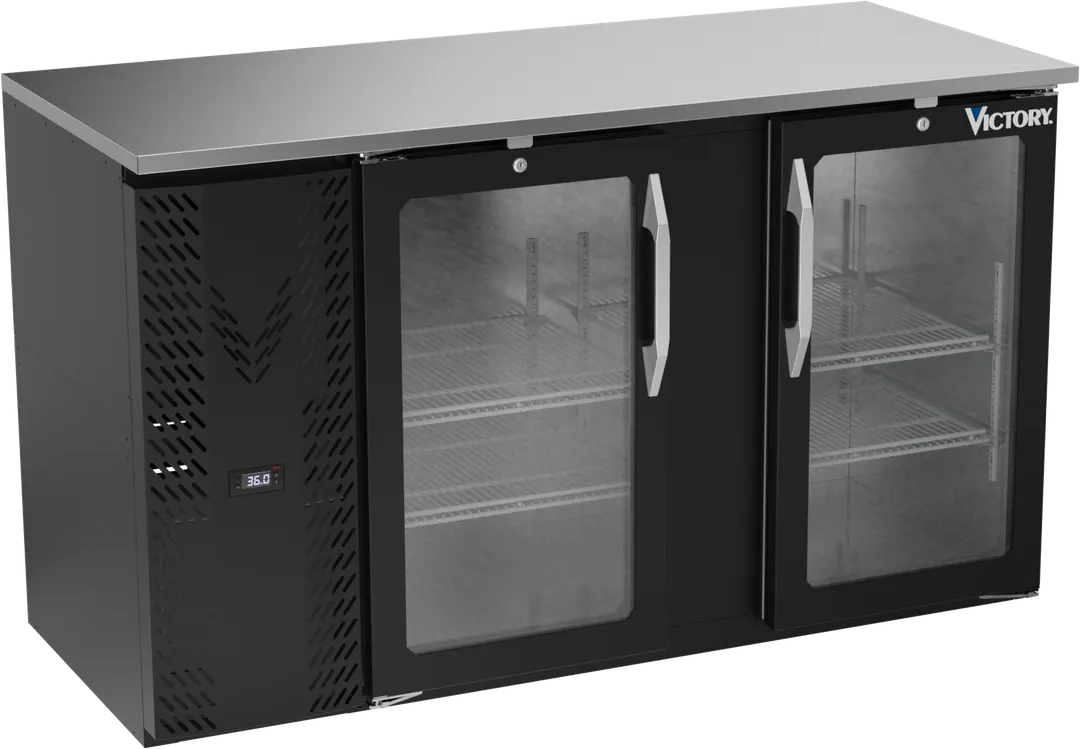 Victory VBBN58HC-G-B 58" Back Bar Refrigerator, 2 Glass Doors, 14.8 cu. ft., Black Exterior, Stainless Steel Interior, 115V