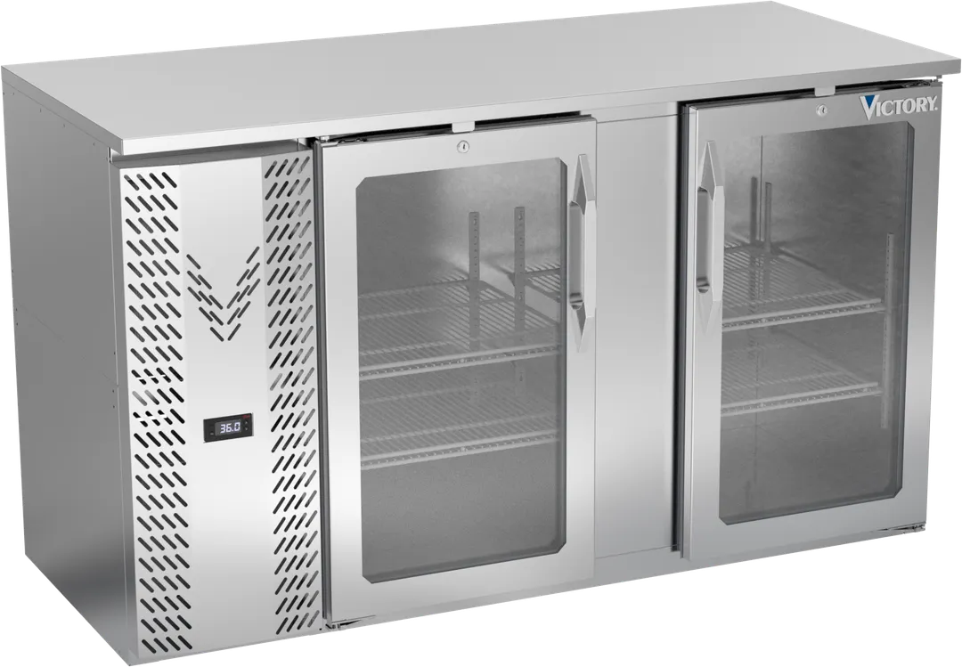 Victory VBBN58HC-G-S 58" Stainless Steel Back Bar Refrigerator, 14.8 cu. ft., 2 Glass Doors, LED Lighting