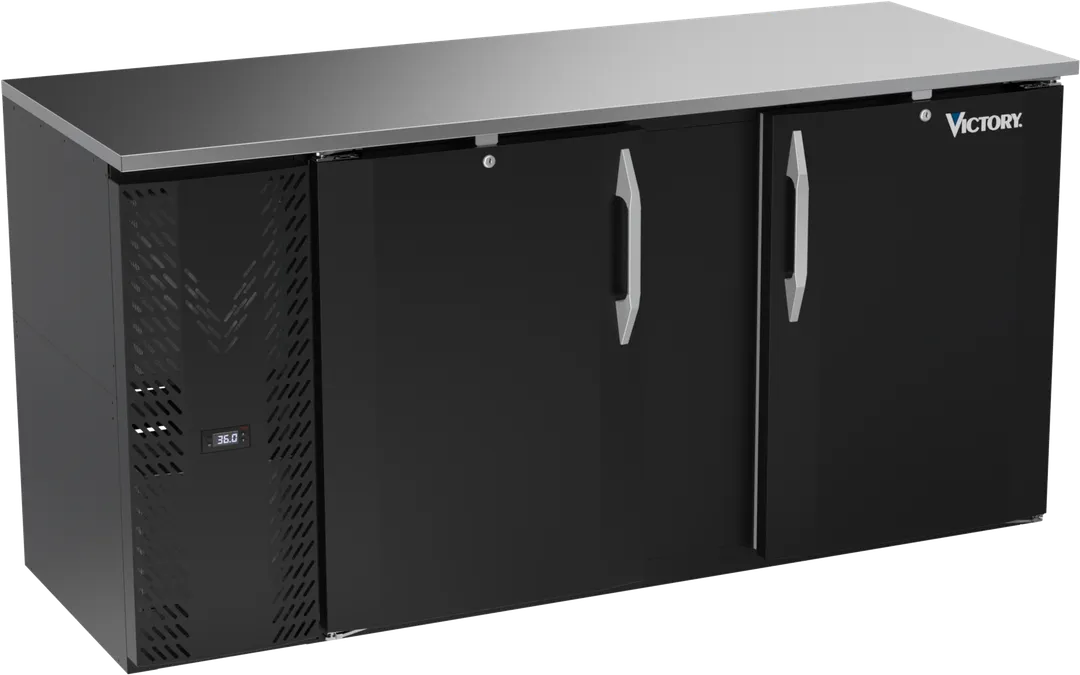 Victory VBBN68HC-F-B 68" Back Bar Refrigerator, 18.24 cu. ft., 2 Solid Doors, Black Exterior, Stainless Steel Interior