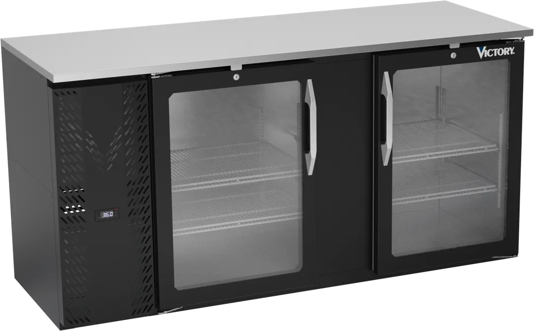 Victory VBBN68HC-FG-B 68" Back Bar Refrigerator, 18.24 cu. ft., 2 Glass Doors, Black Exterior, Stainless Steel Interior